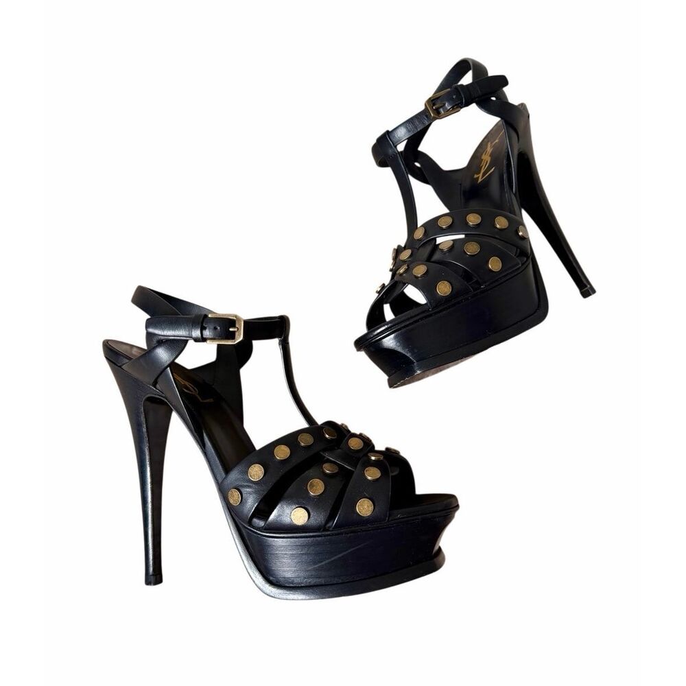 Saint Laurent Sandals Tribute Platform Leather Missing 2 Studs Slingback Open To - Picture 2 of 12